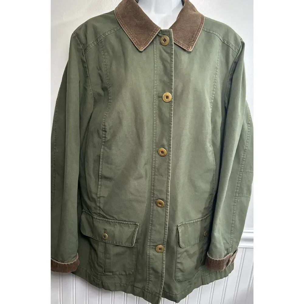 LL Bean Jacket Barn Chore Field Coat Corduroy Trim Flannel Lined Green Women M - Picture 2 of 11